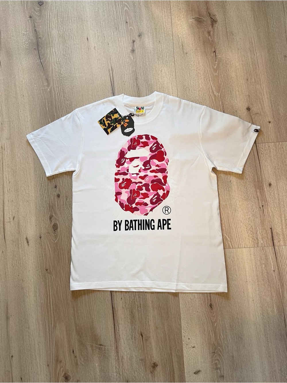 White Bape Tee with Pink Camo Ape Logo